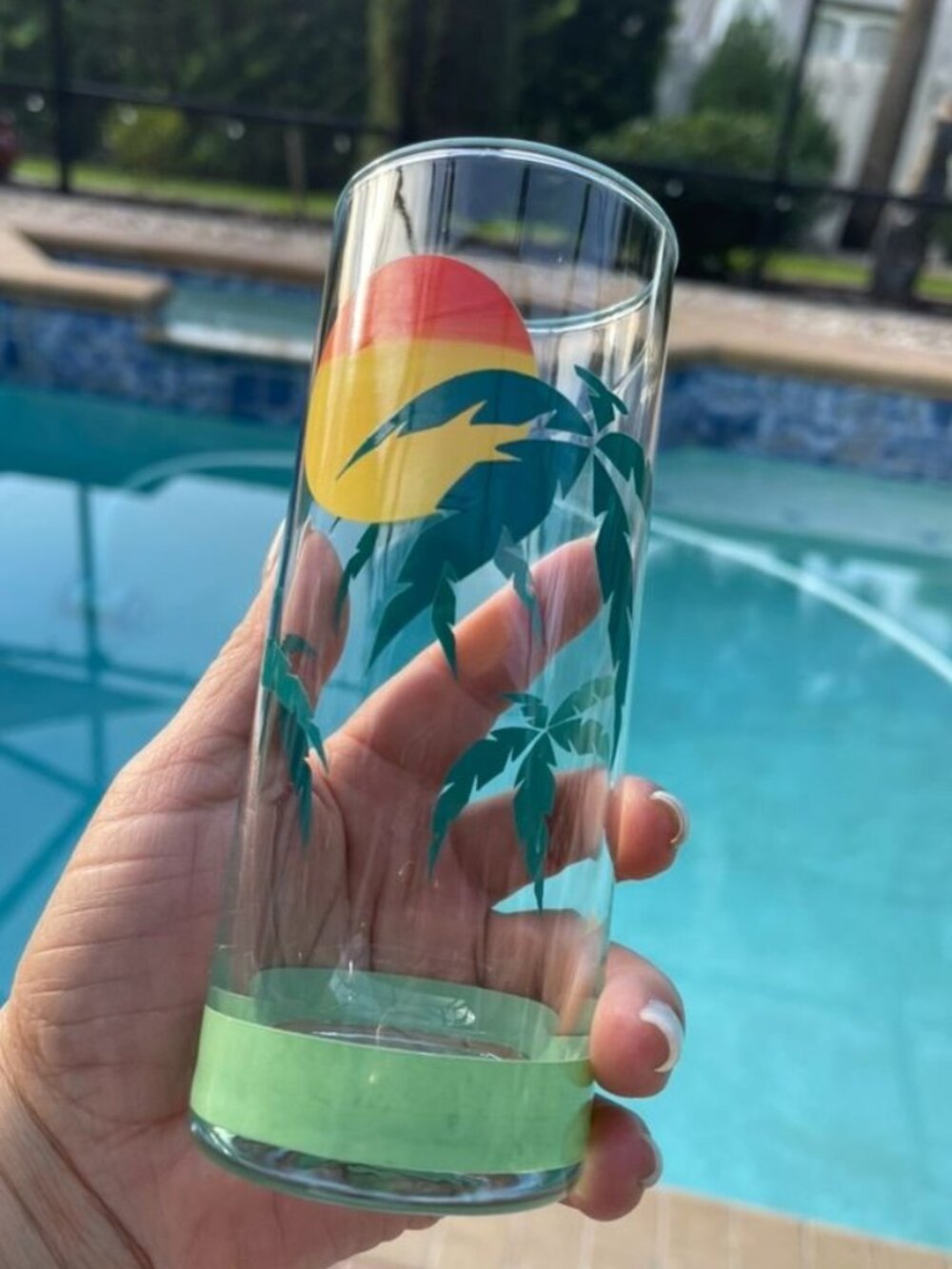 Vintage Anchor Hocking Tropical Palm Tree Sunset Highball Glass Tumbler
